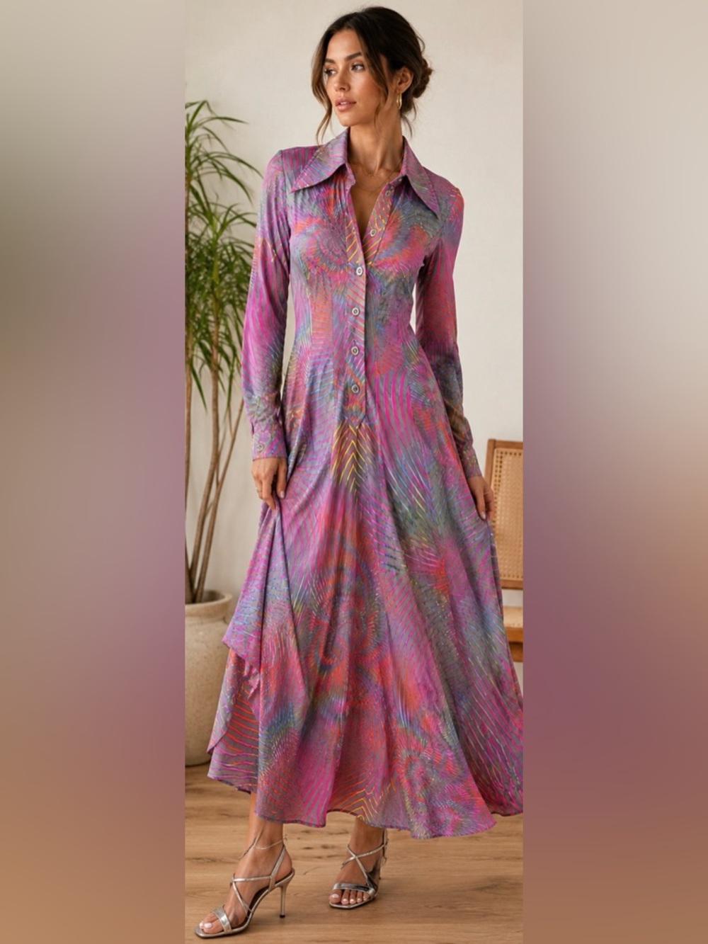 Vintage Italian Psychedelic Maxi Shirt Dress Made in Italy Mod Disco Artwear